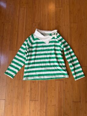 J. Crew Green and White Striped Long-Sleeve Polo Top